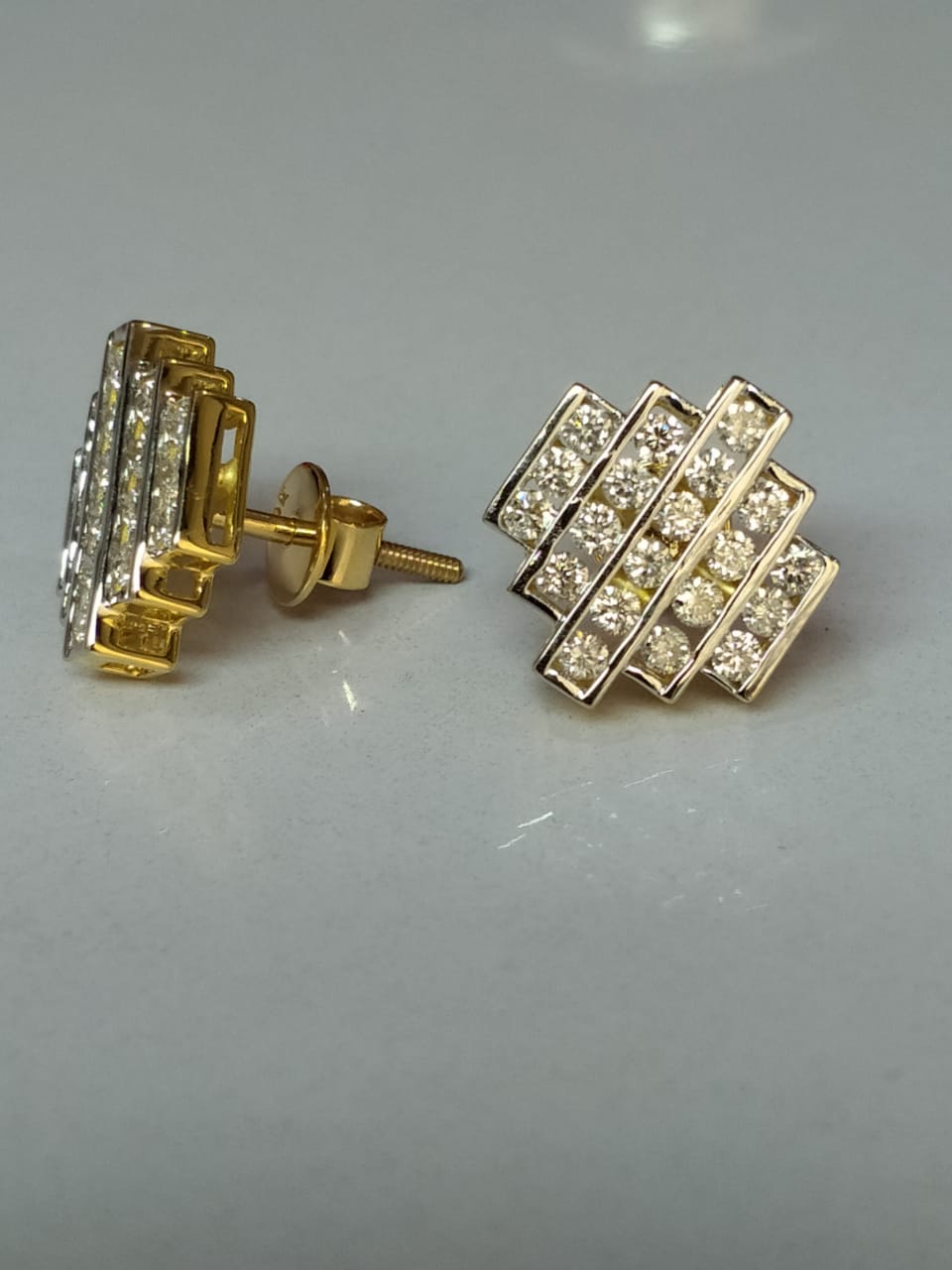 Round Cut Square Shape Diamond Gold Earrings
