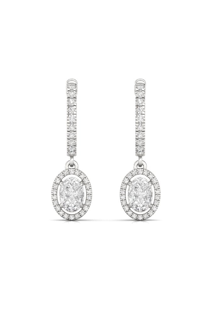 Round & Oval Illusion Cut Halo Diamond White Gold Hoop Earring