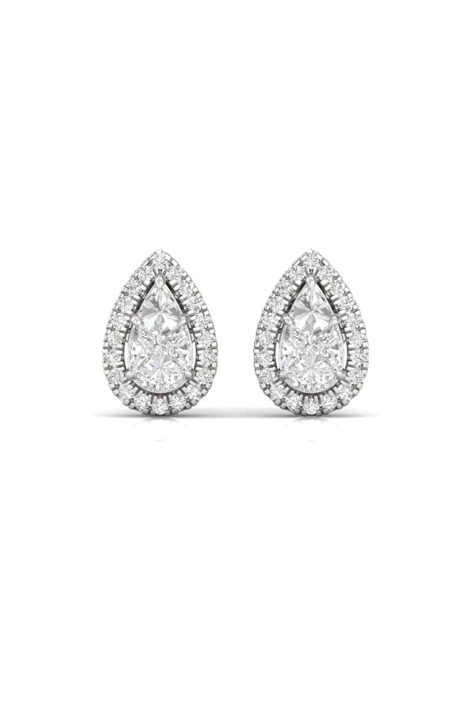 Round & Pear Illusion Cut Halo Diamond White Gold Stud Earring