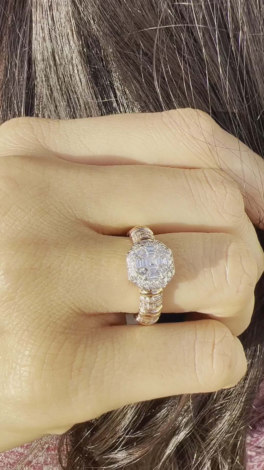 Asscher & Round Illusion Cut Art Deco Diamond Engagement Gold Ring