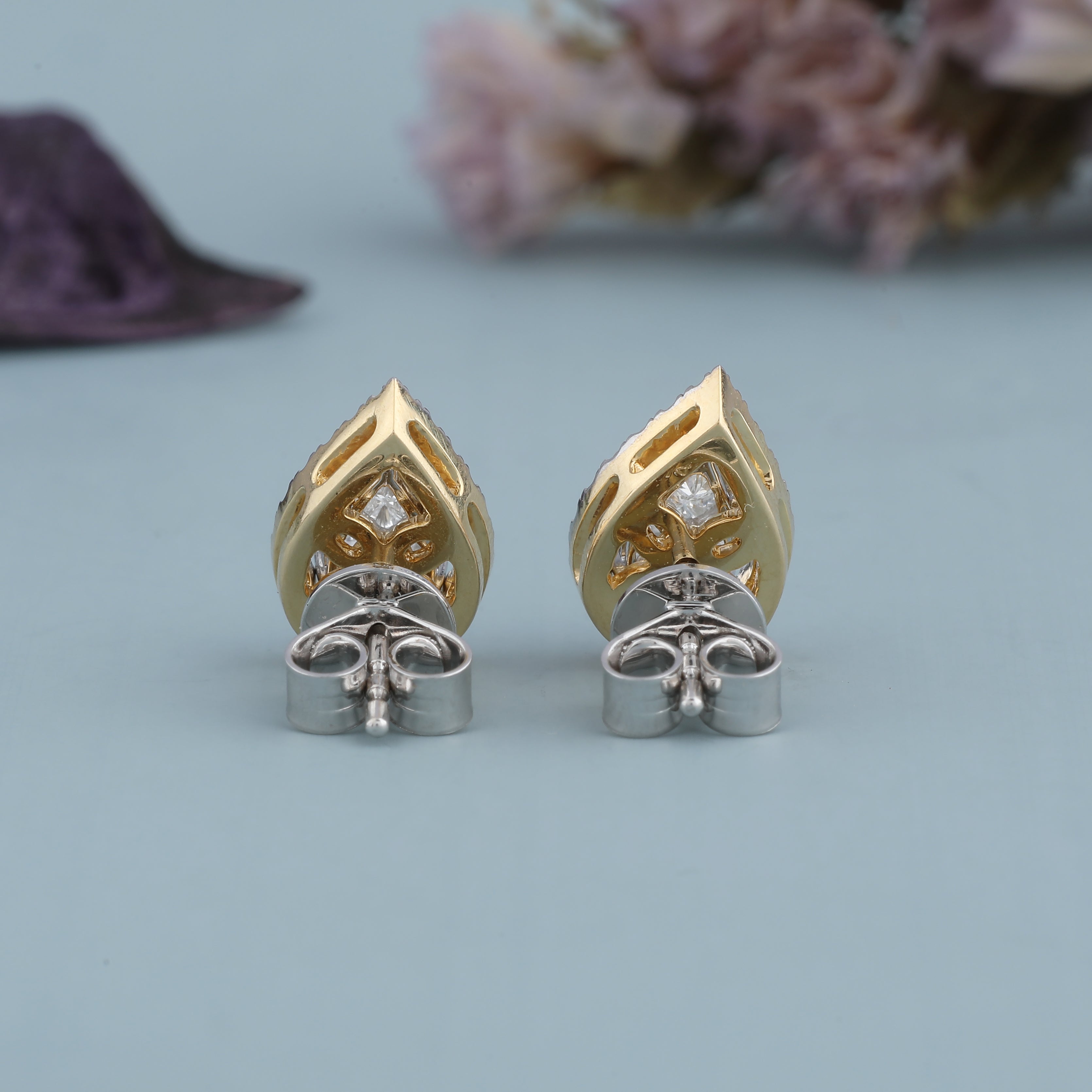 Round And Pear Illusion Cut Teardrop Halo Solitaire Detachable (Jacket)Diamond Gold Stud Earring