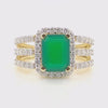 Green Emerald & Round Cut Halo Pattern Diamond Engagement Gold Ring
