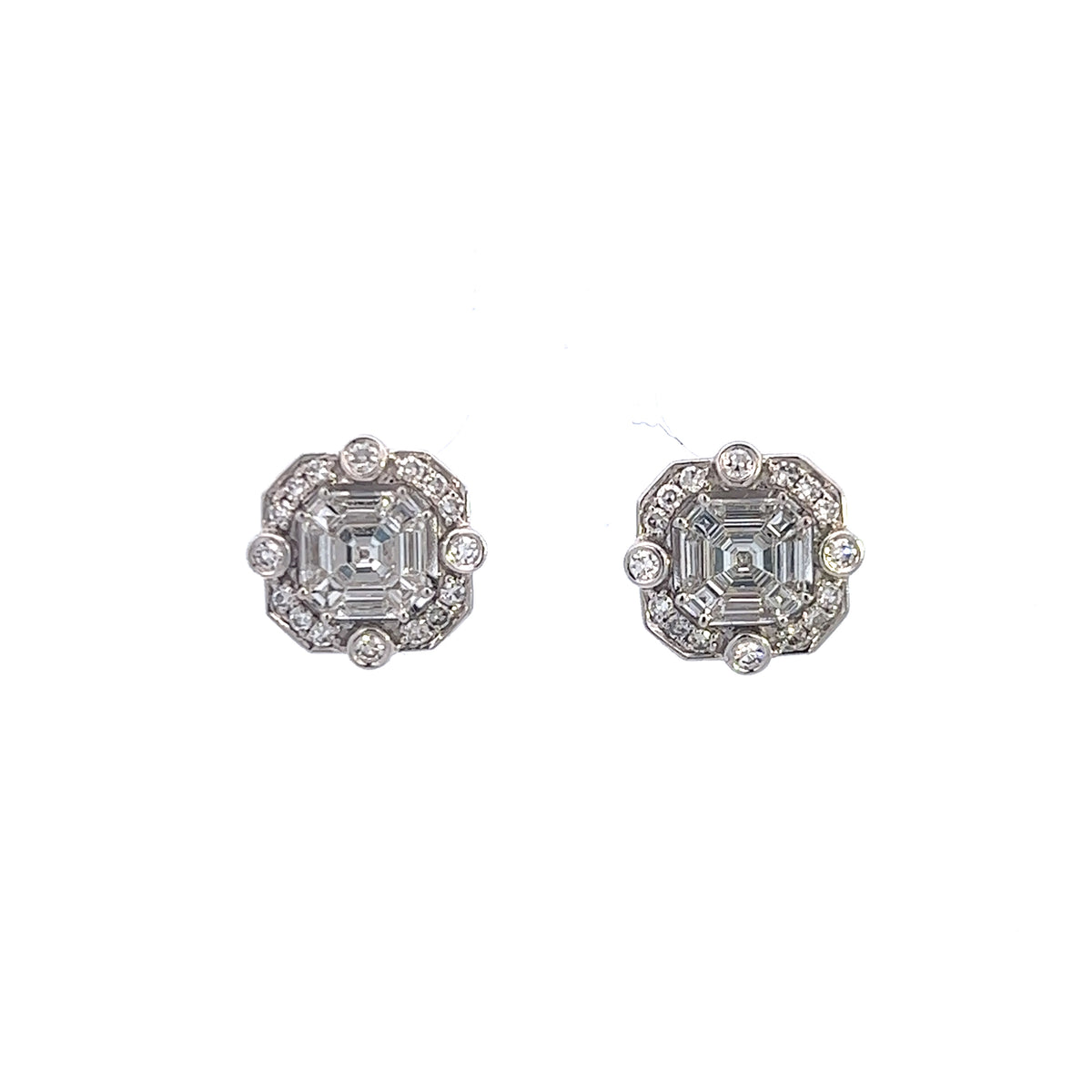 Round And Asscher Illusion Cut Vintage Inspired Diamond Gold Stud Earrings
