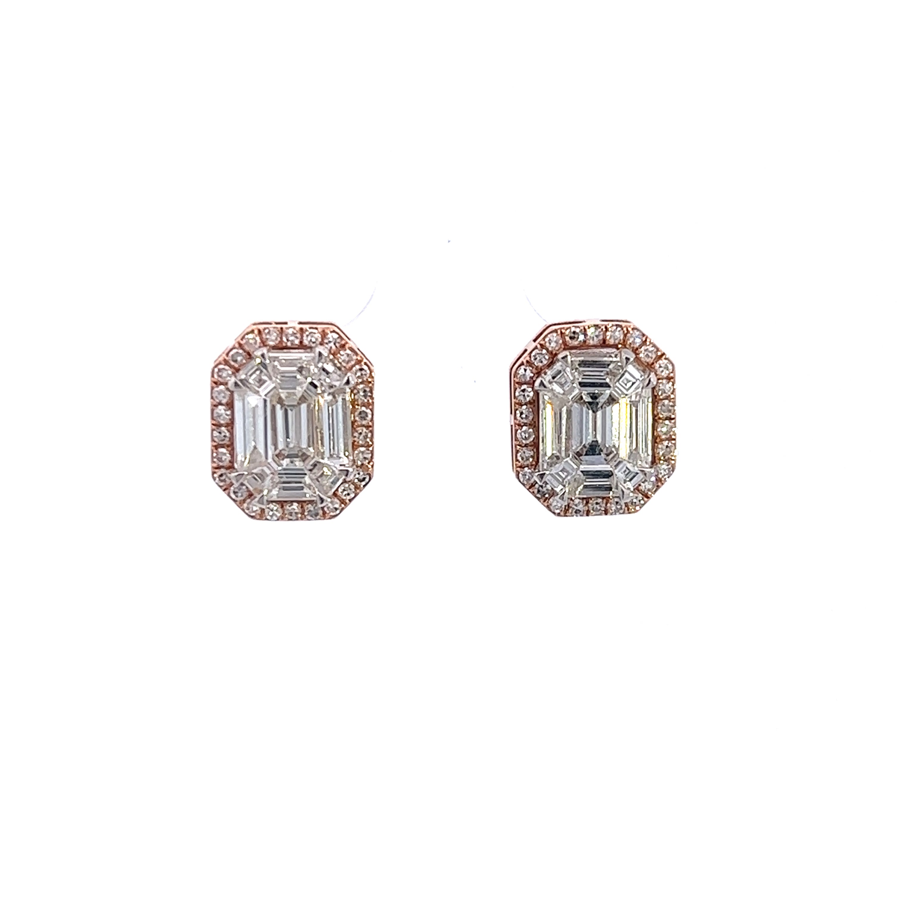 Round And Emerald Illusion Cut Halo Solitaire (Jacket)Diamond Gold Stud Earring
