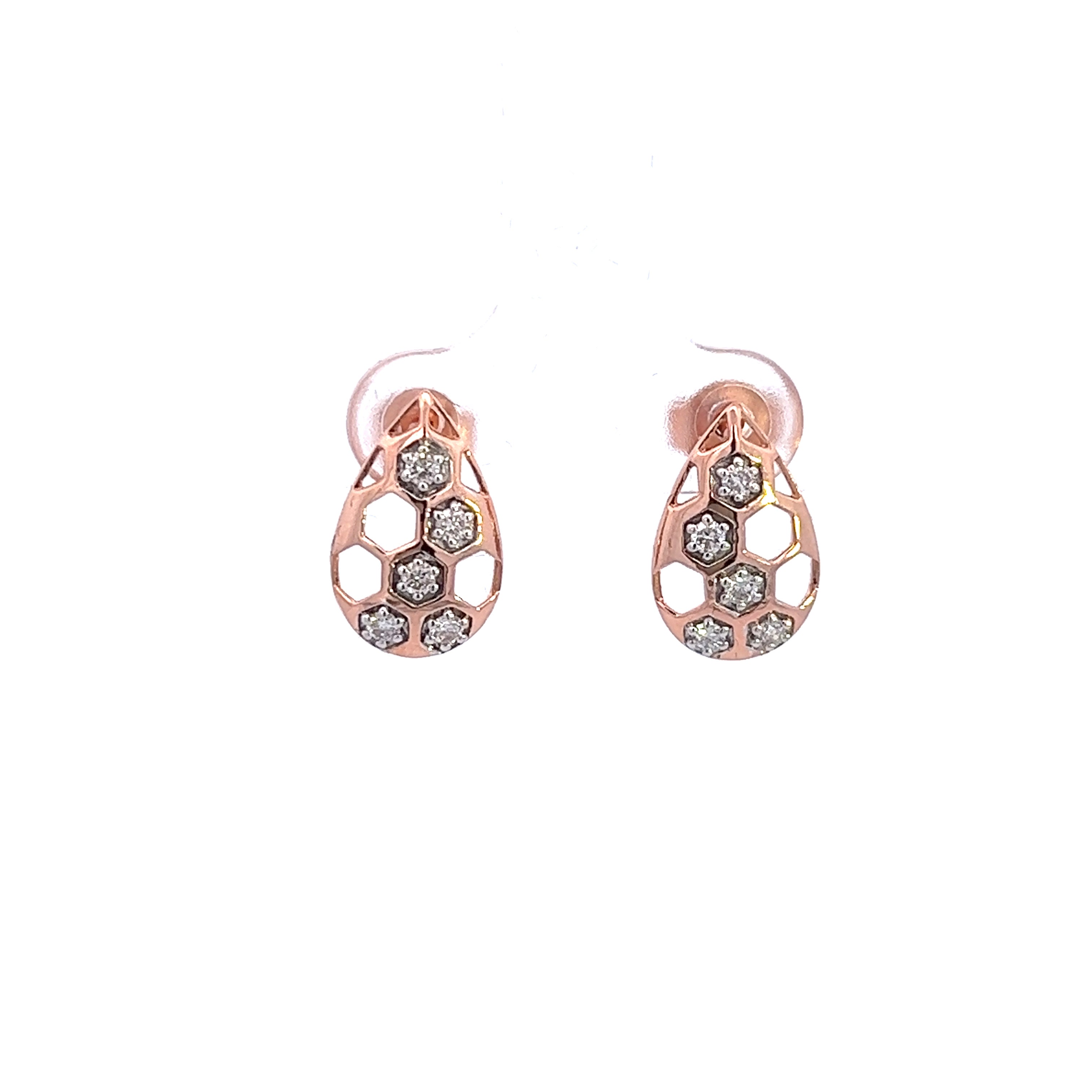 Round Cut Unique Honeycomb Design Diamond Gold Stud Earring