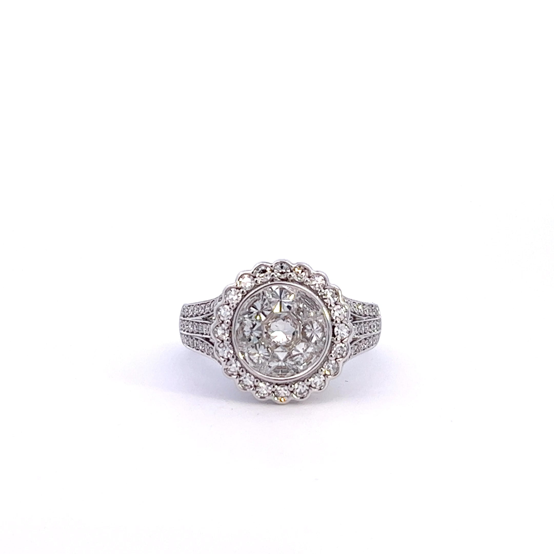 1.51ctw Round Illusion Cut Vintage Inspired Halo Diamond Gold Engagement Ring