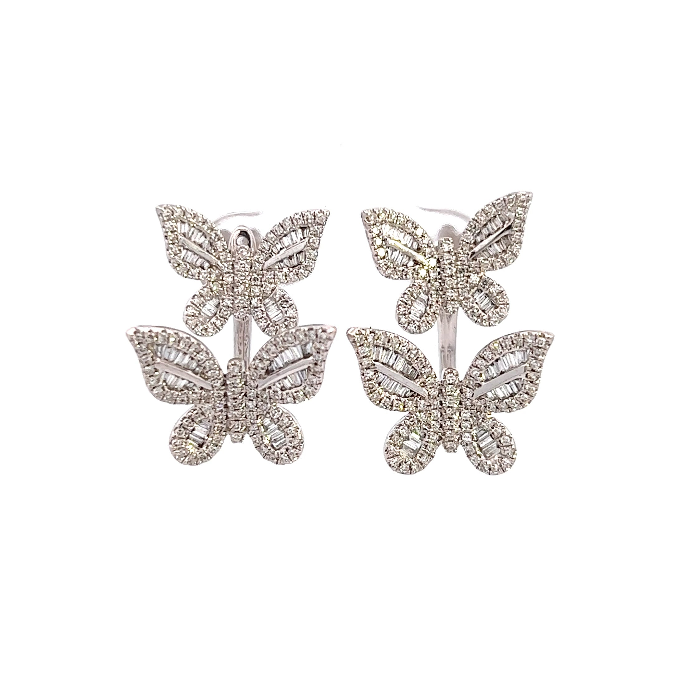 Round And Baguette Cut Butterfly Diamond Gold Push Back Earring