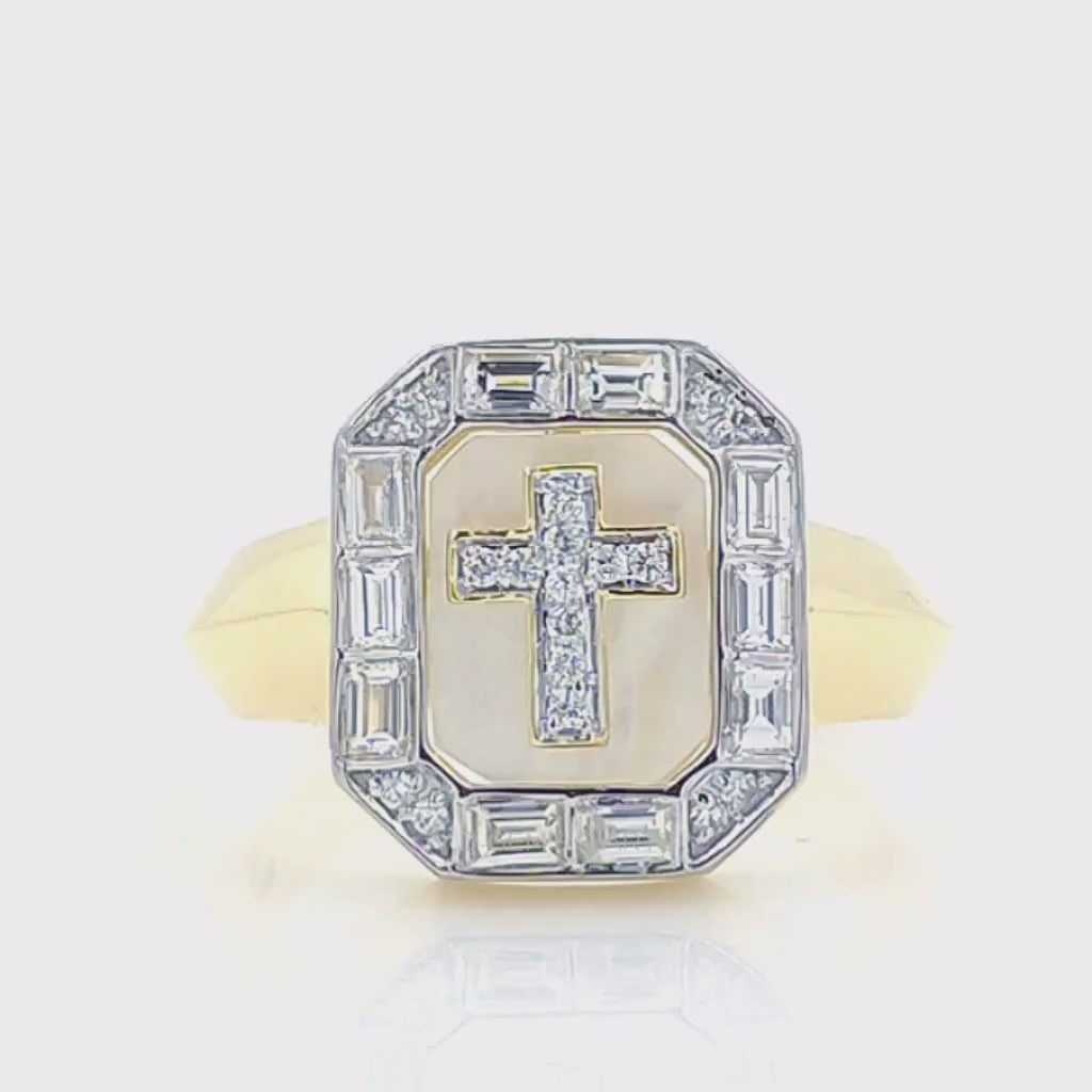 Men's Round & Baguette Cross Signet Diamond Gold Ring
