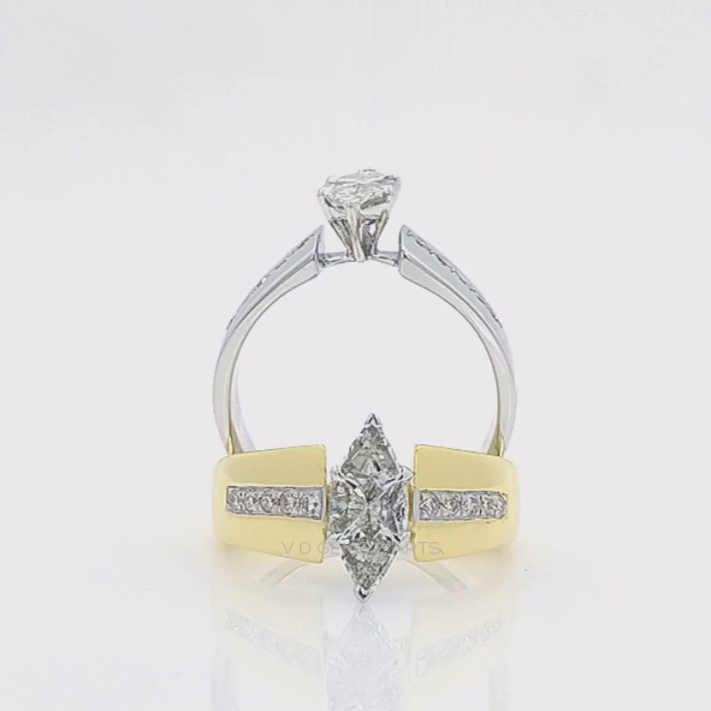 Round & Marquise Illusion Cut Solitaire With Side Diamond Gold Ring