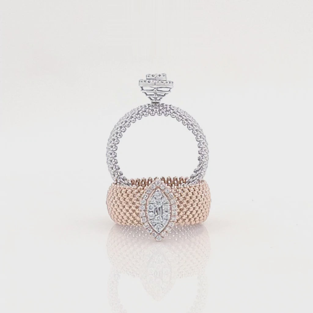 Round & Baguette Unique Marquise Granular Diamond Engagement Ring