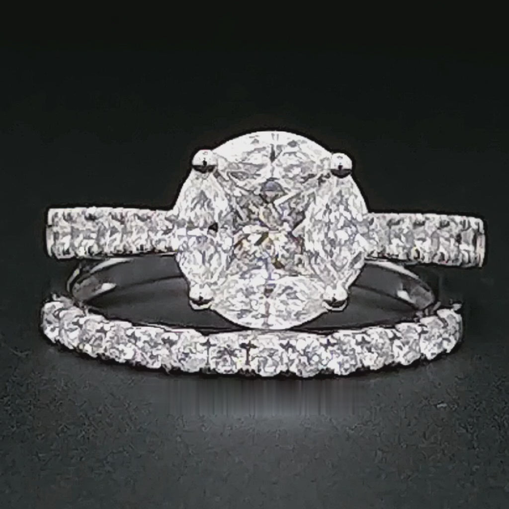 Round,Princess & Marquise Cut Halo Pattern With Half Eternity Diamond Gold Ring