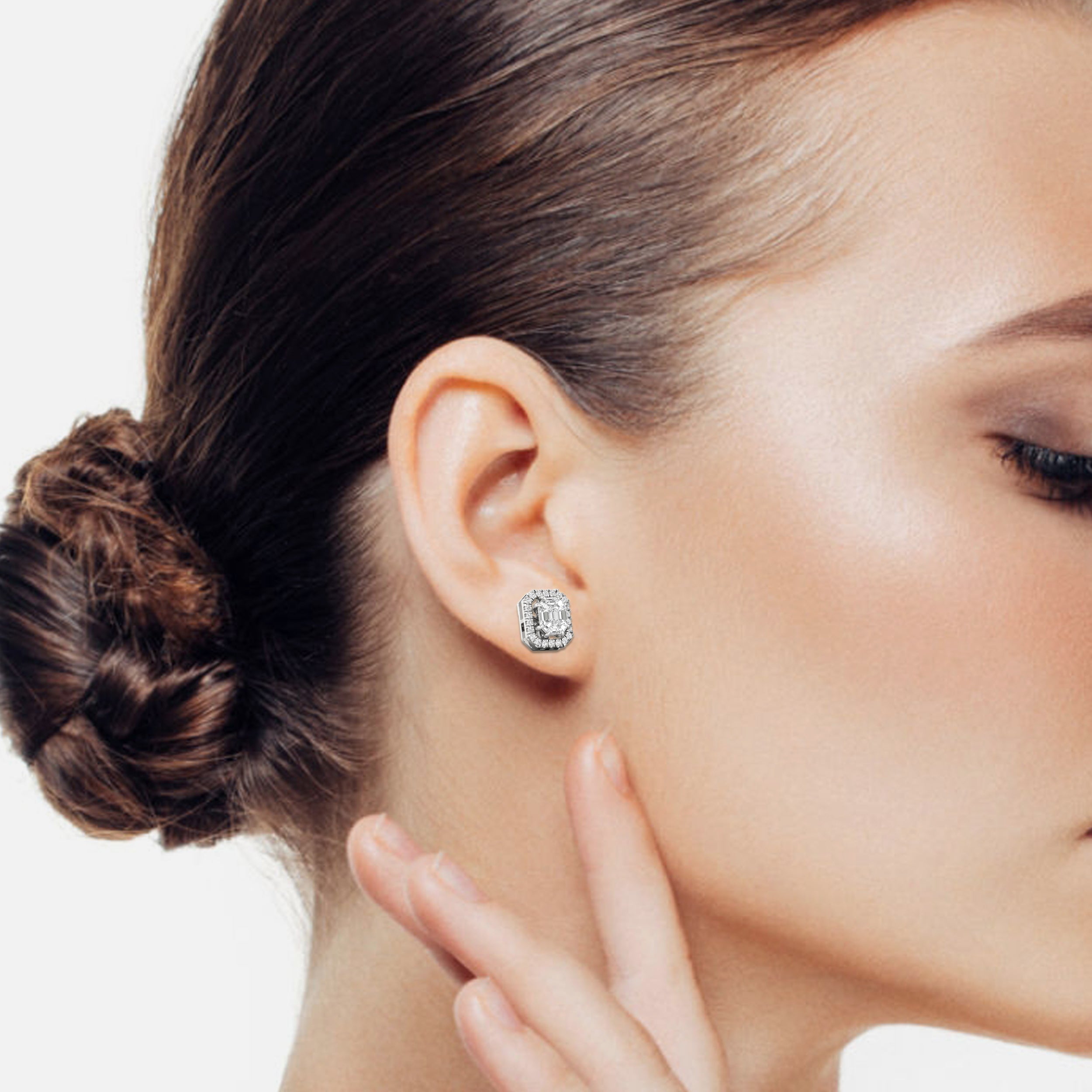 Round & Emerald Illusion Cut Halo Diamond Rose Gold Stud Earring